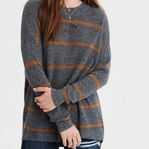 American Eagle | Mock Neck Knit Sweater Jegging Fit Oversized Grey & Tan Stripe•